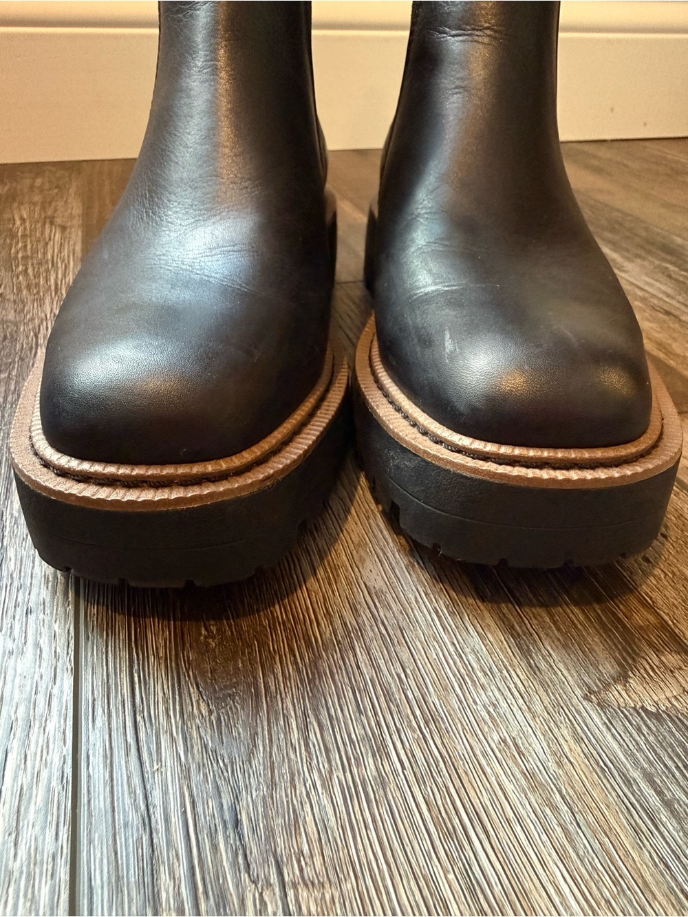 Sam Edelman Black Leather Chelsea Lug Booties with Brown Welt - Picture 6 of 12